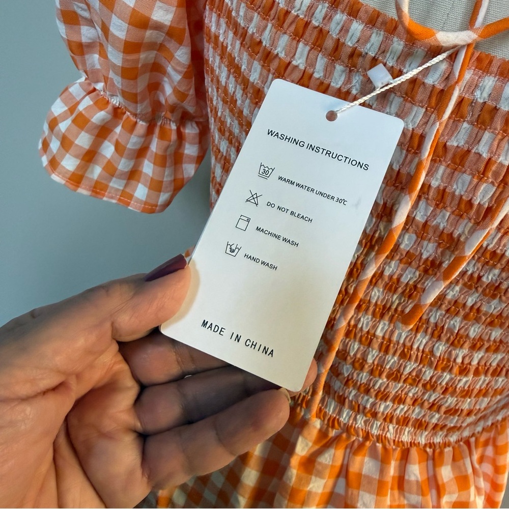 Zesica Orange Checkered Midi Dress with Puff Sleeves - Picture 9 of 15